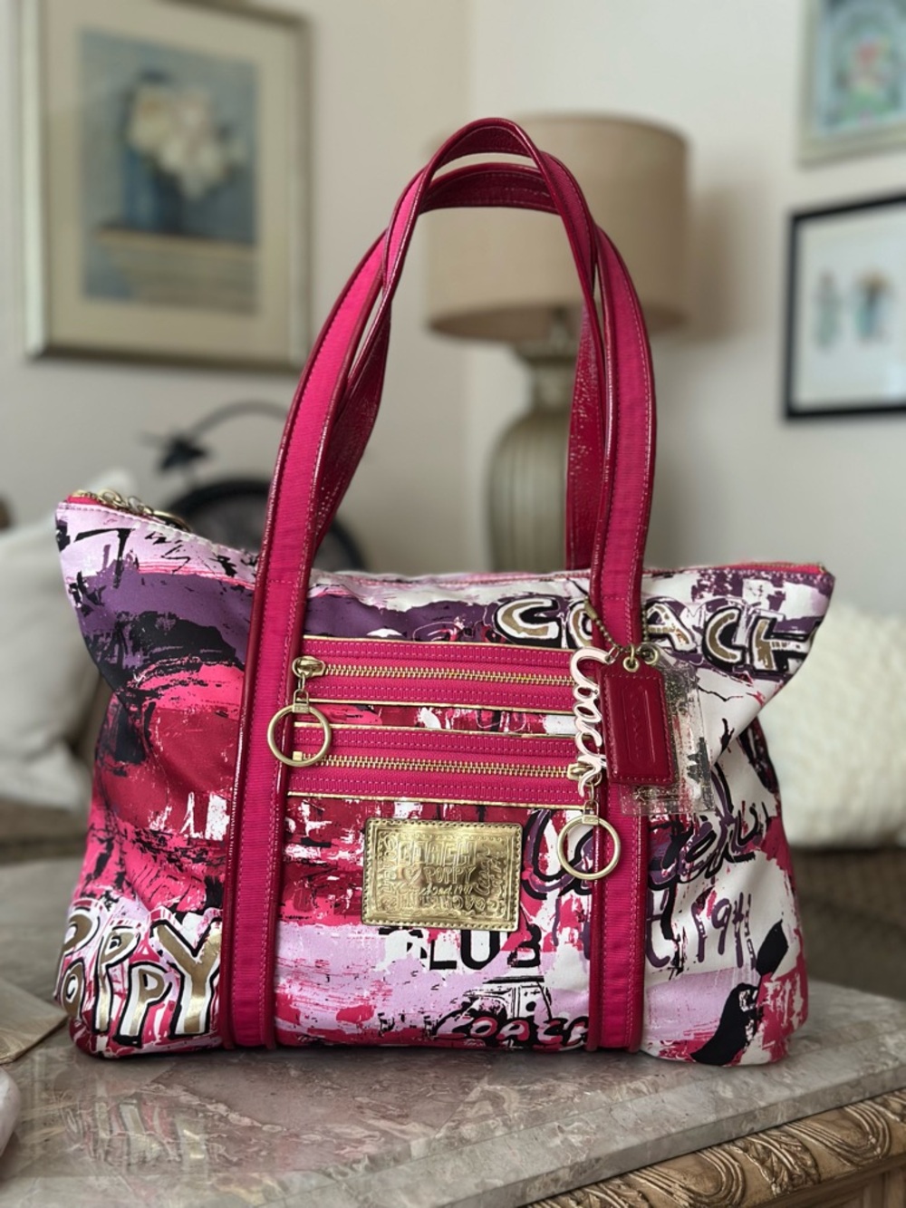 Coach Poppy Glam Graffiti Tote Pink Purple Large Shoulder Bag Style 14987